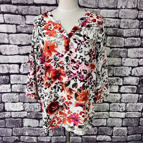 CJ Banks Tops - CJ Banks Pink, White, Orange & Brown V-Neck Blouse Size 2X